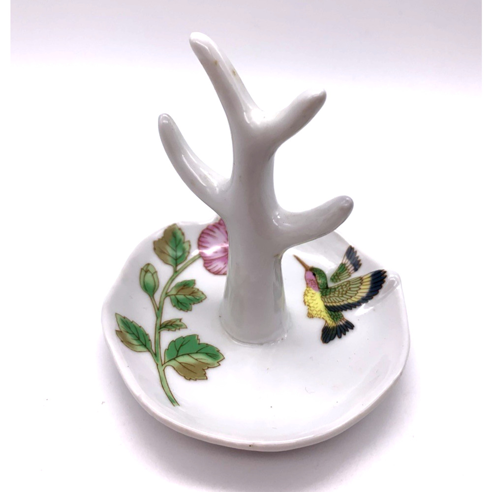 Vtg Hummingbird Ring Holder Jewelry Tree Trinket Dish Vanity Ceramic JSNY Taiwan